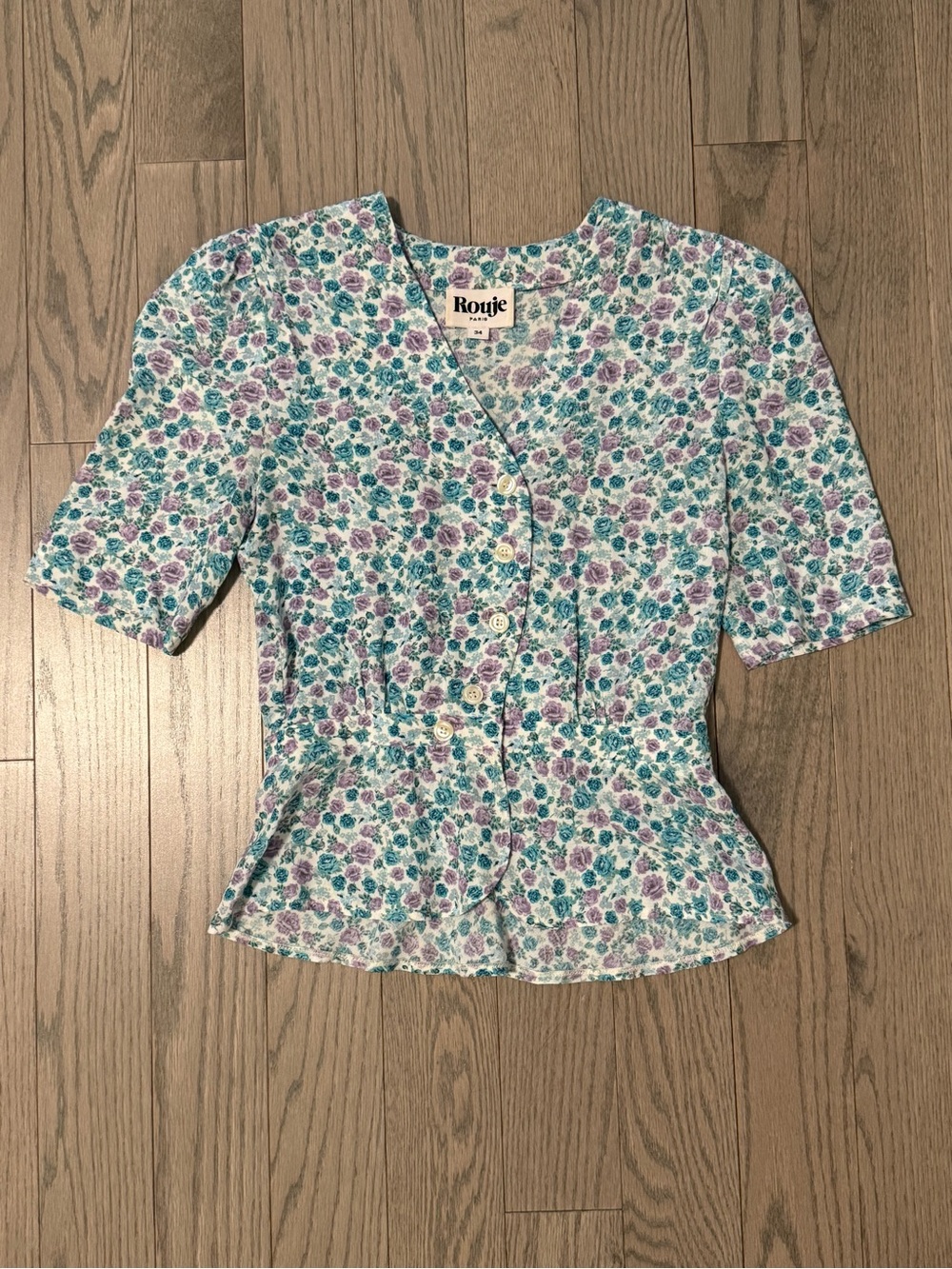 Rouje Teal & Purple Floral Button-Front Peplum Top